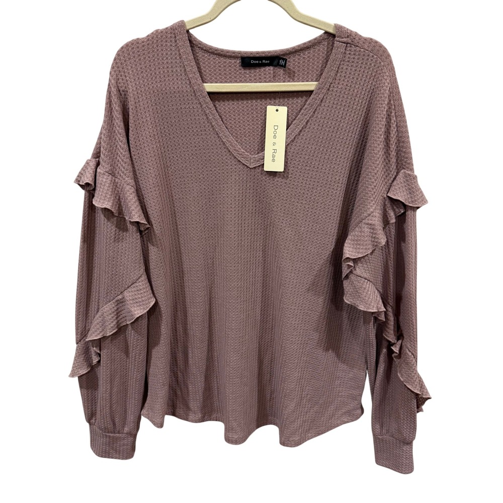 Doe & Rae Mauve Waffle Knit Ruffle Sleeve V-Neck Top 1XL NWT 43709TPL